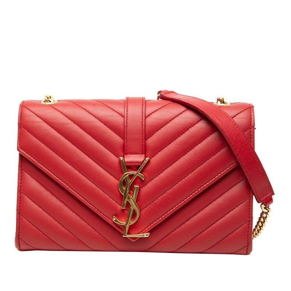 Saint Laurent Leather V Stitch Chain Shoulder Bag Red
